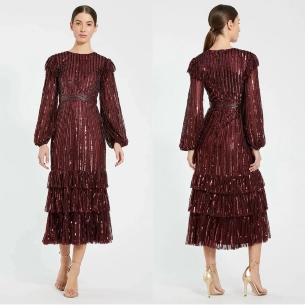 Mac Duggal Deep Red Sequin Long Sleeve Dress